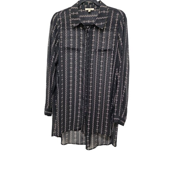 Pleione Women's Femme Black Sheer Button-Down Long Sleeve Shirt Geometric Patter - Picture 1 of 8